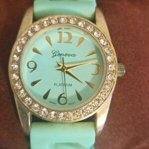 Geneva Women's Mint  Silicone Green Watch With Rhinestone Bezel